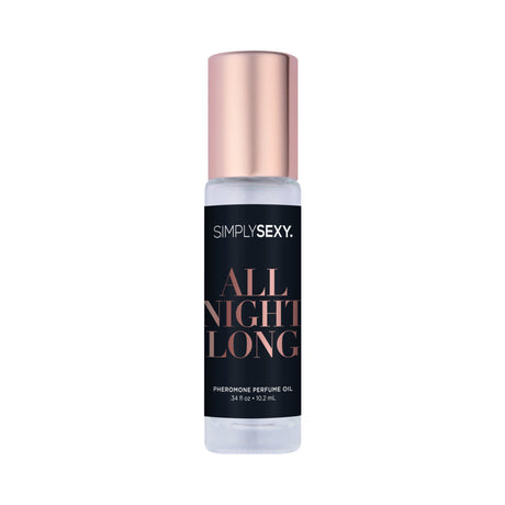 Simply Sexy Pheromone Perfume Oil Roll-On All Night Long 0.34 Oz in a sleek bottle with rose gold cap.