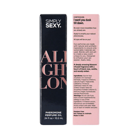 Simply Sexy Pheromone Perfume Oil Roll-On All Night Long 0.34 Oz packaging with black rose and vanilla scent details.