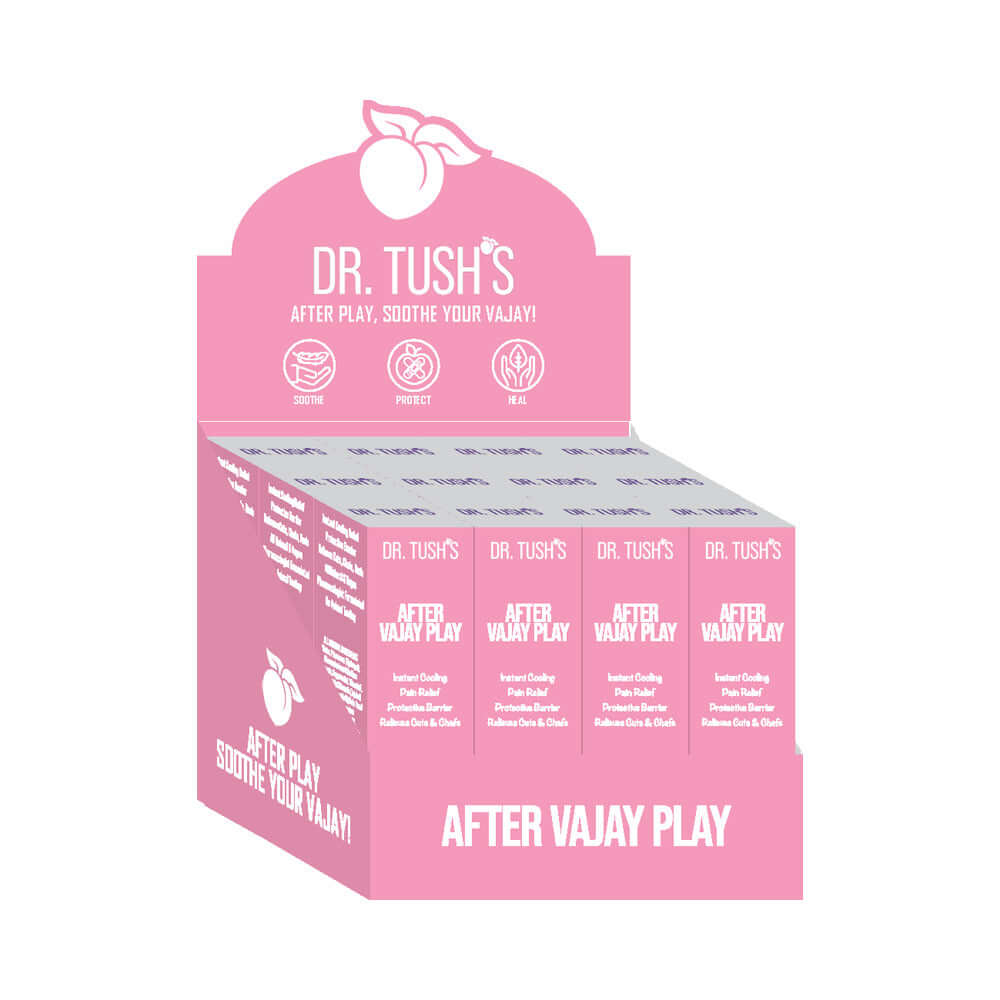 Dr Tushs After Vajay Play 12 Pack Display showcasing pH-balanced aftercare gel for vulva wellness.