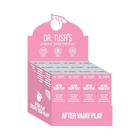 Dr Tushs After Vajay Play 12 Pack Display showcasing pH-balanced aftercare gel for vulva wellness.