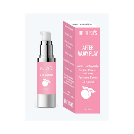 Dr Tushs After Vajay Play 12 Pack Display featuring an instant cooling relief gel for vulva wellness.