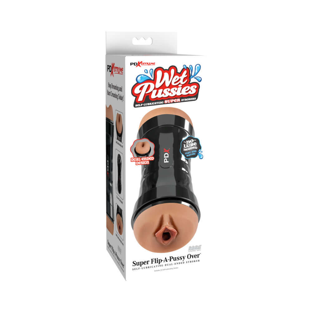 PDX Extreme Super Flip-A-Pussy Over Brown dual-ended stroker packaging with realistic features for maximum pleasure.