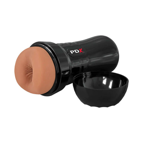 PDX Extreme Wet Bussies Super Bangin Butthole Brown self-lubricating stroker in black with realistic detail.