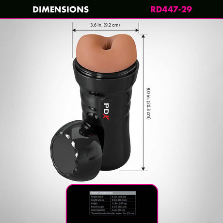 PDX Extreme Wet Bussies Super Bangin Butthole Brown dimensions and product details on display.