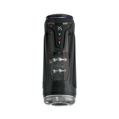 PDX Elite Moto-Bator Pro Thrusting Stroker showcasing innovative design and controls for enhanced pleasure experience.