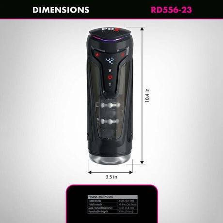 PDX Elite Moto-Bator Pro Thrusting Stroker dimensions with detailed specifications and design features.