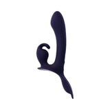 Evolved Giving Vibes Strap On Purple, curved vibrator with bunny-eared stimulator for synchronized pleasure.