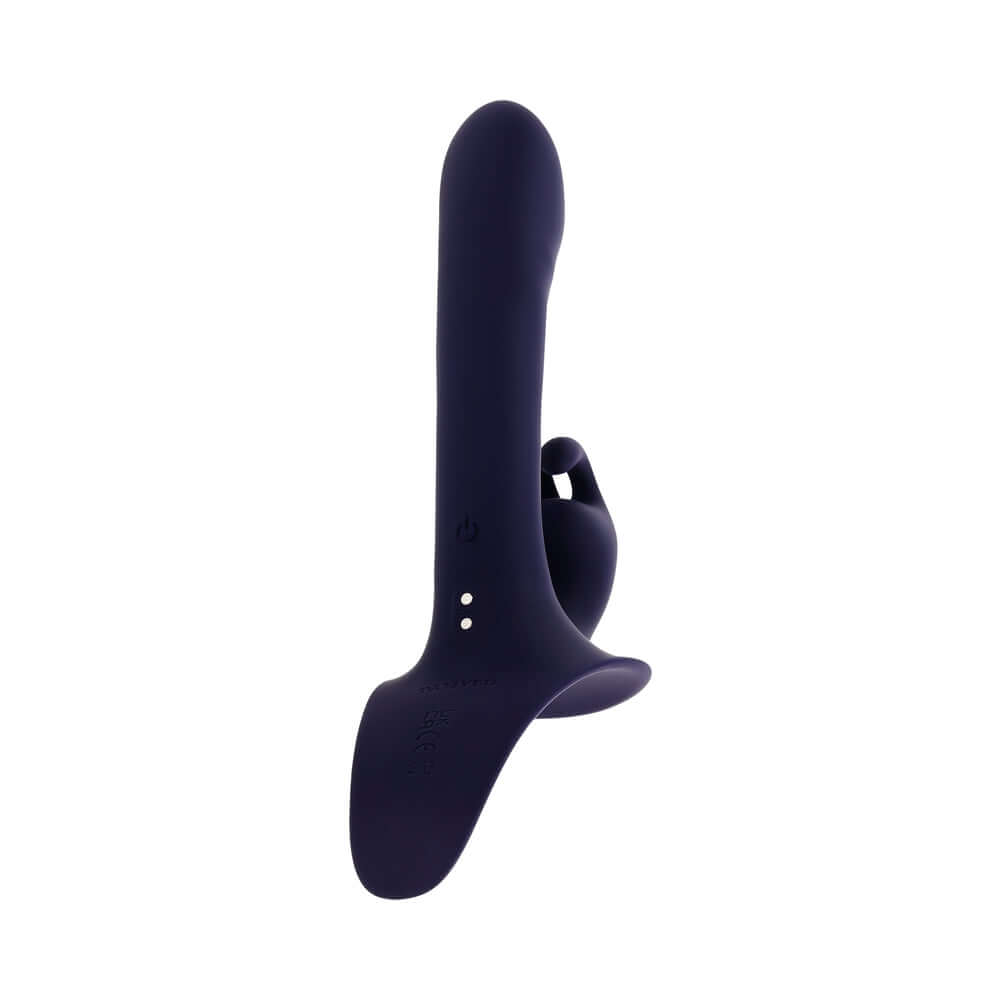 Evolved Giving Vibes Strap On Purple featuring a chisel-tip shaft and bunny-eared stimulator for ultimate pleasure.