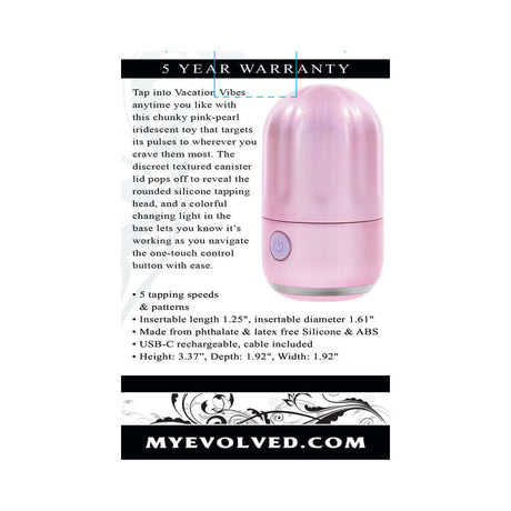 Evolved Vacation Vibes Tapping Massager product image showcasing its pink-pearl iridescent design and features.