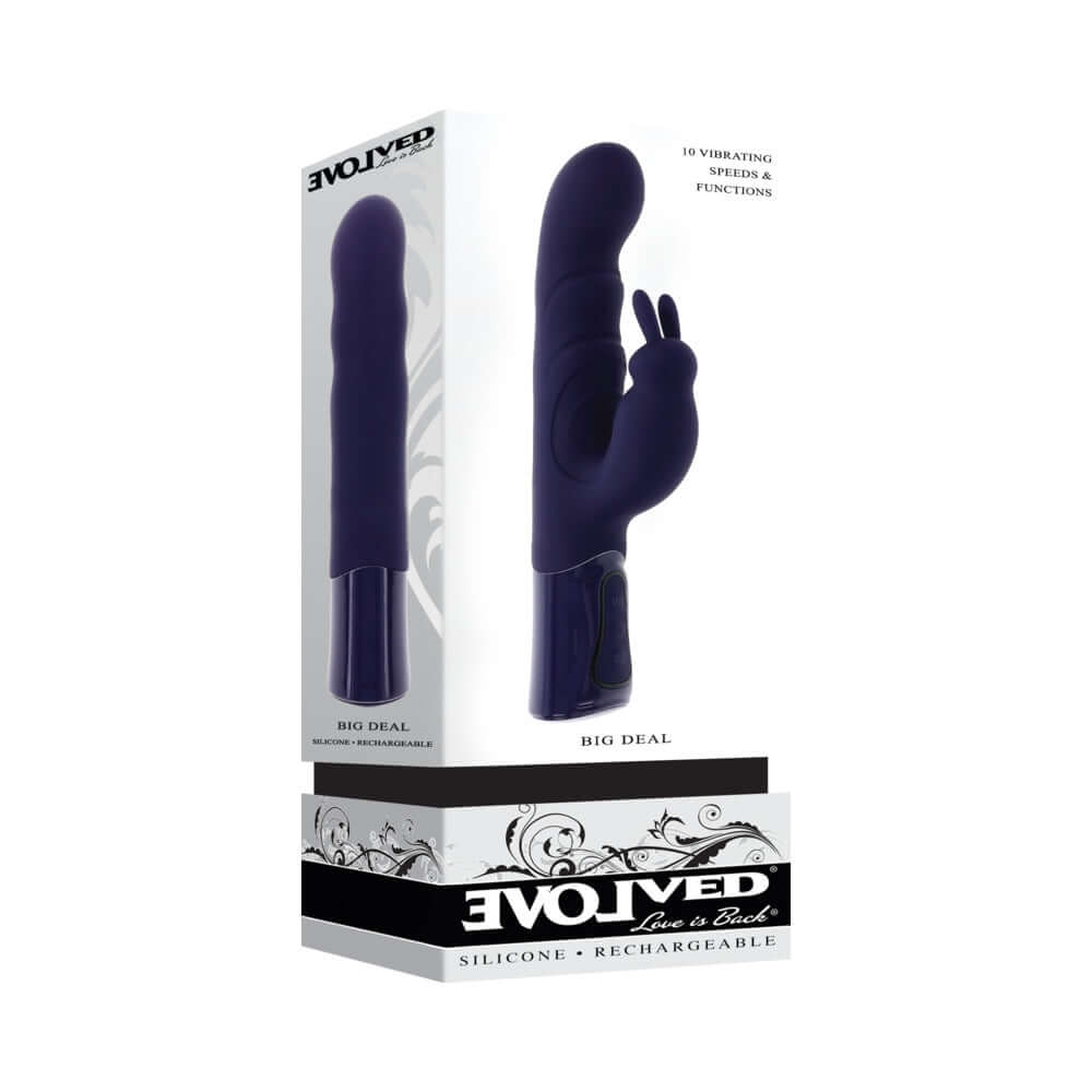 Evolved Big Deal Rabbit Vibrator Purple in packaging showcasing its dual-motor functionality and textured design.