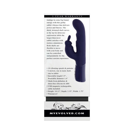 Evolved Big Deal Rabbit Vibrator Purple back side, showcasing features and specifications for enhanced pleasure.