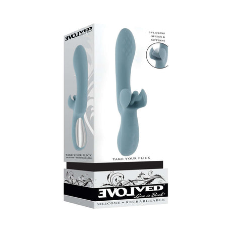 Evolved Take Your Flick Massager Blue packaging featuring silicone design and detailed product information.