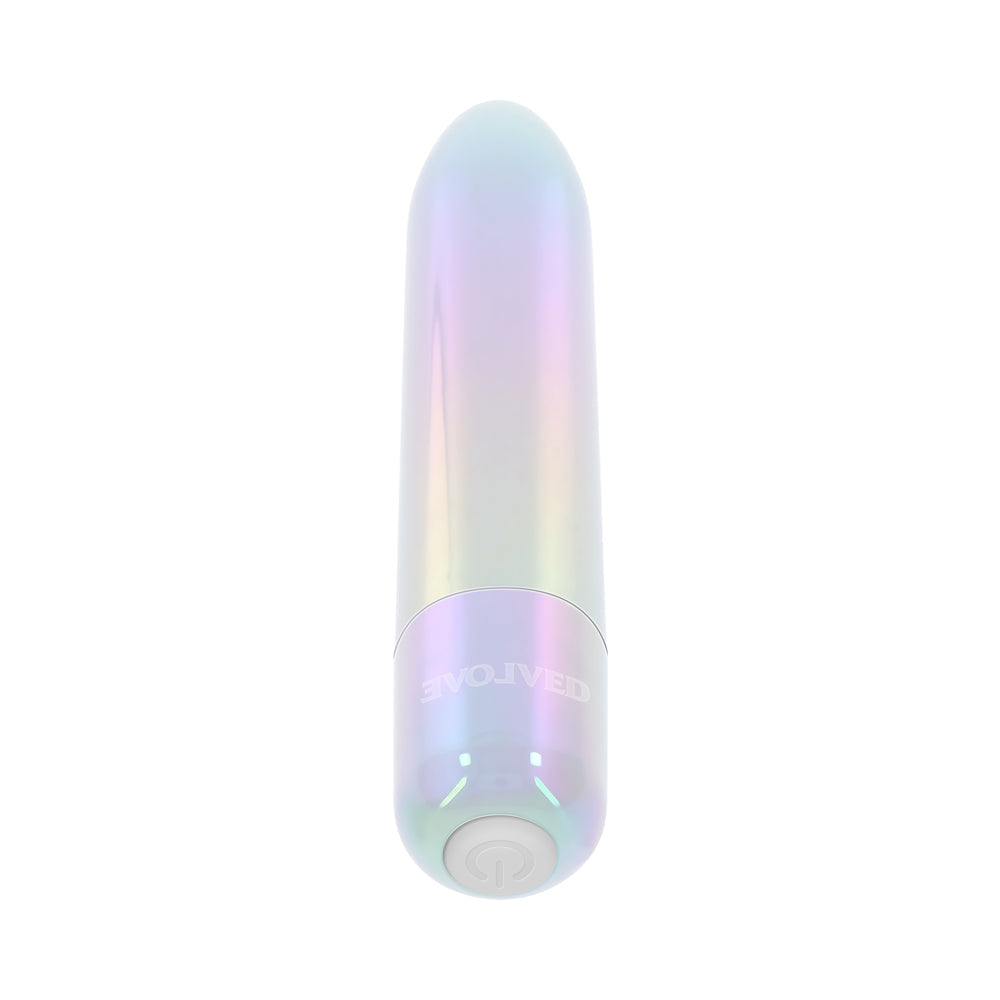 Evolved Easy Does It Vibrator Iridescent in a pearly iridescent finish and sleek lipstick shape.