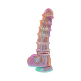 Evolved Fantasy Vibrating Dildo with Remote in multicolor silicone, showcasing unique texture and design.