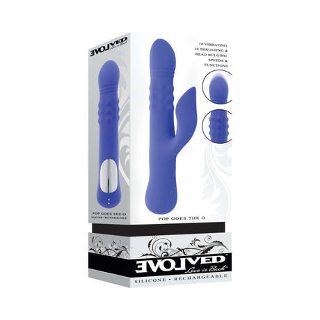 Evolved Pop Goes The O Vibrator Blue with powerful thrusting, vibrating, and bulging features in a sleek design.