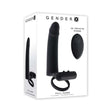 Gender X Full Swing Vibrating Dildo with Ring & Remote Control Black packaging showcasing its features and design.