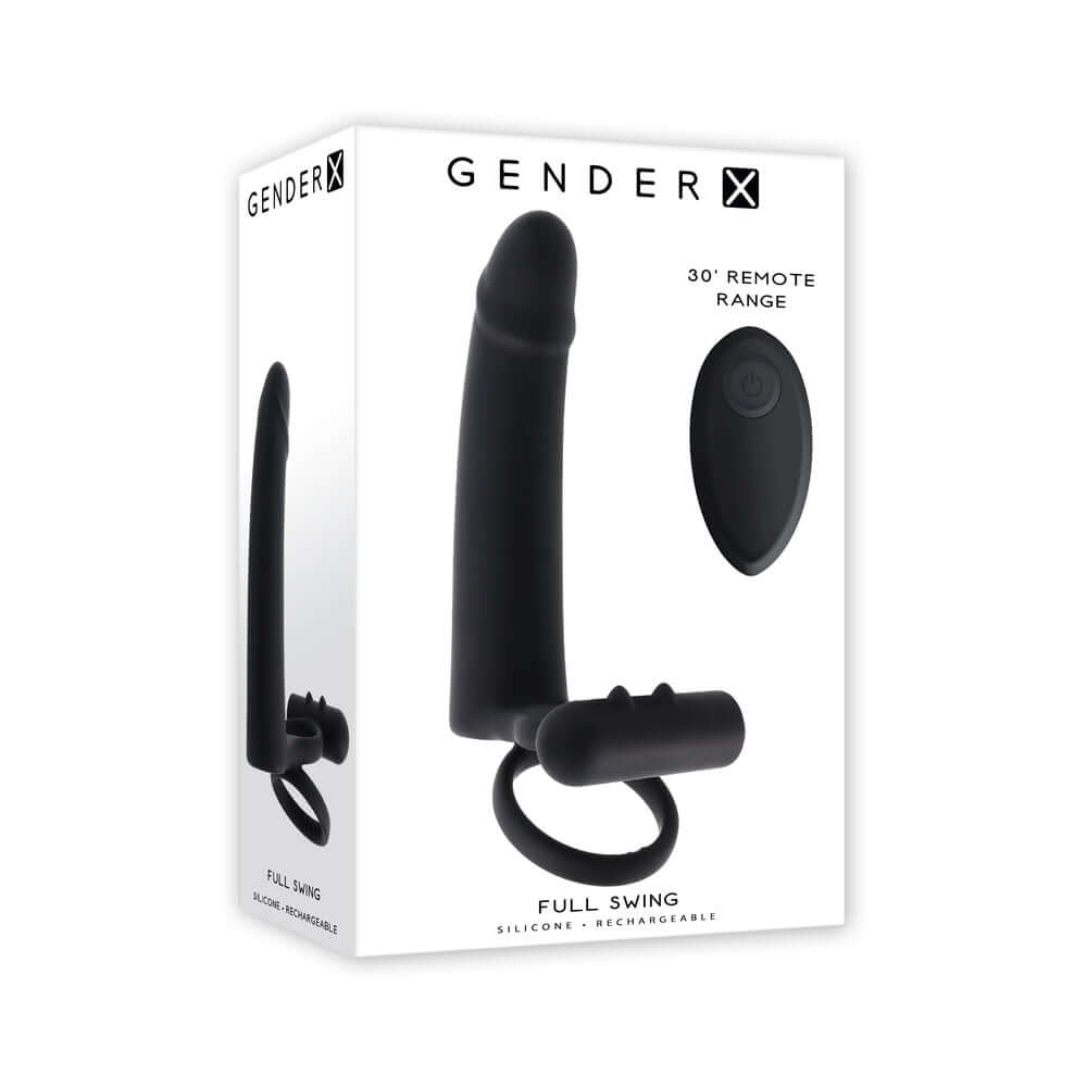 Gender X Full Swing Vibrating Dildo with Ring & Remote Control Black packaging showcasing its features and design.