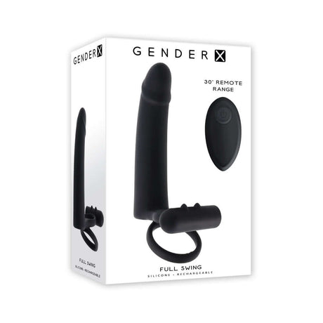 Gender X Full Swing Vibrating Dildo with Ring & Remote Control Black packaging showcasing its features and design.