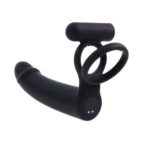 Gender X Full Swing Vibrating Dildo with Ring & Remote Control Black displayed from the side, showcasing its sleek design.
