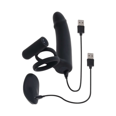 Gender X Full Swing Vibrating Dildo with Ring & Remote Control Black on a white background, with USB charging cables.