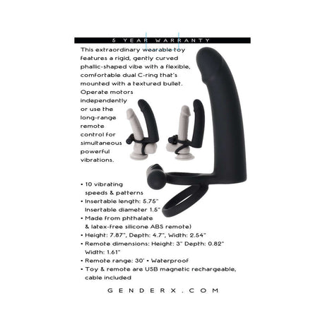 Gender X Full Swing Vibrating Dildo with Ring & Remote Control Black features specifications, dimensions, and unique design.