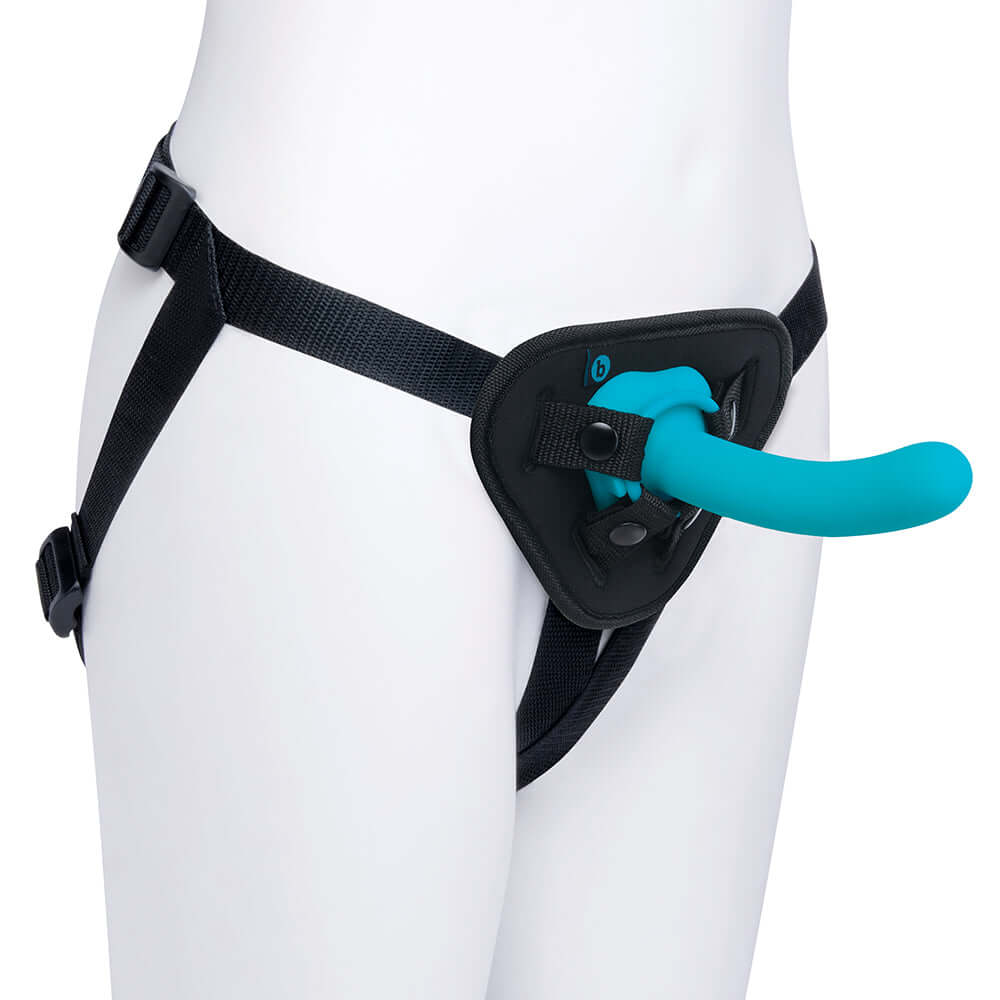 b-Vibe Every Body Strap-On Harness Set with 6 inch Dildo Peg displayed on a mannequin for demonstration.