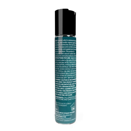 Dynamo Lube Silicone Formula 1 Oz bottle with product information and instructions for use.