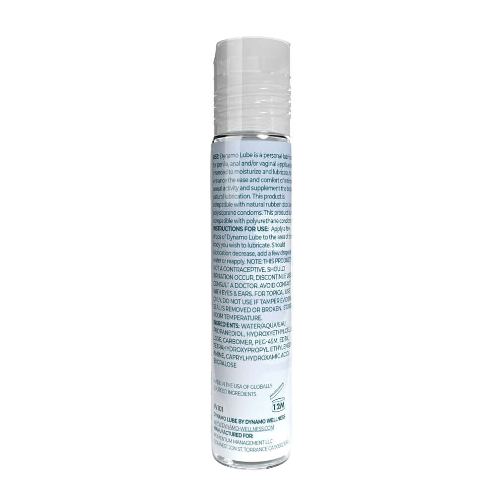 Dynamo Lube Water-based Formula 1 Oz bottle showcasing its lightweight, water-based personal lubricant for comfort and glide.