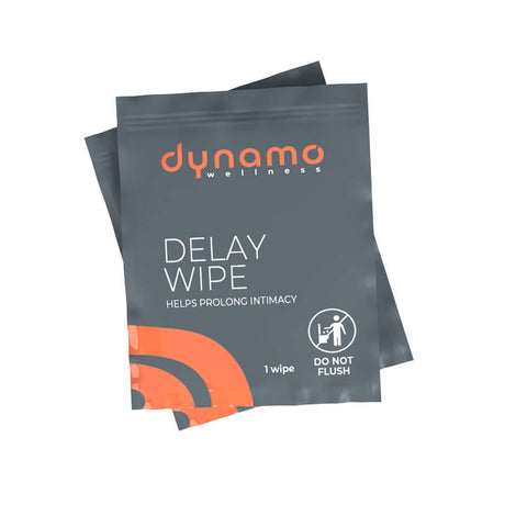 Dynamo Wellness Delay Wipe 36-Pack packaging featuring a single wipe for prolonging intimacy.