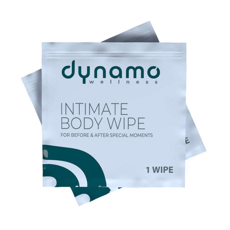 Dynamo Wellness Intimate Body Wipes 30 Pack shown with individual wipe packaging for cleansing before and after intimacy.