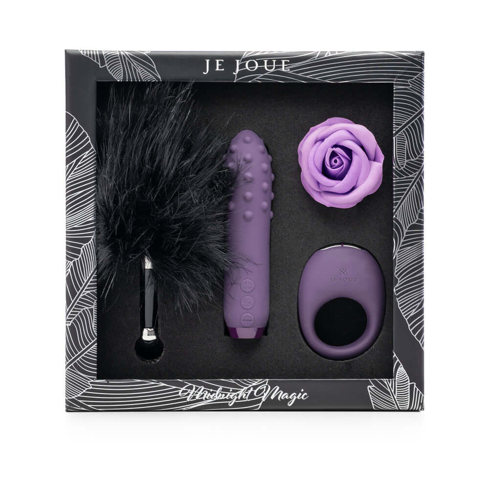 Je Joue Midnight Magic Duet Bullet Vibrator with Mio Ring elegant gift set featuring vibrator and accessories.
