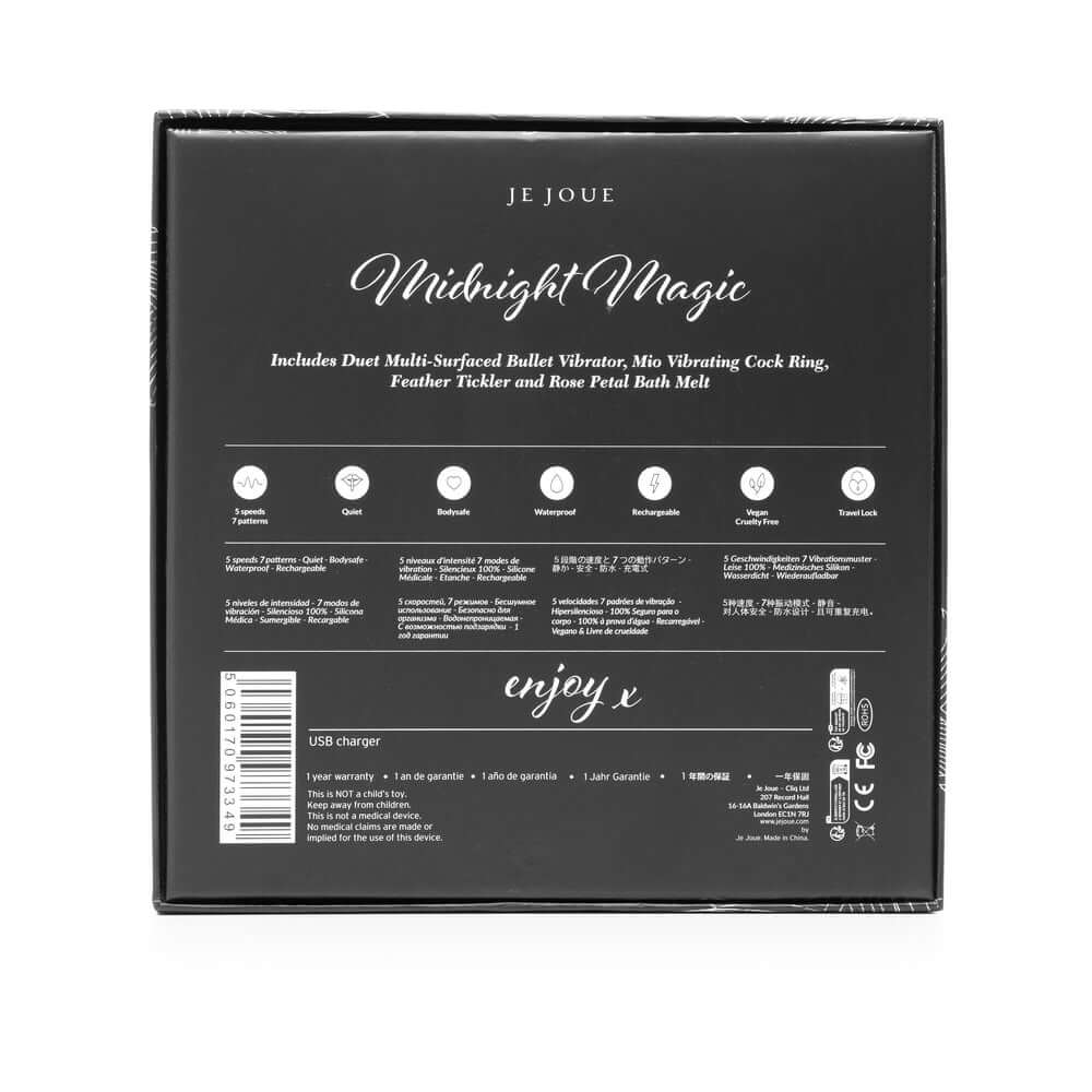 Je Joue Midnight Magic Duet Bullet Vibrator with Mio Ring product packaging back view, featuring product details and components.