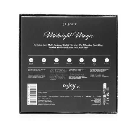 Je Joue Midnight Magic Duet Bullet Vibrator with Mio Ring product packaging back view, featuring product details and components.