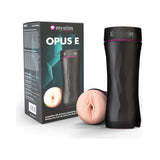Mystim Opus E-Masturbator Vagina with box, showcasing realistic design and electrostimulation features.