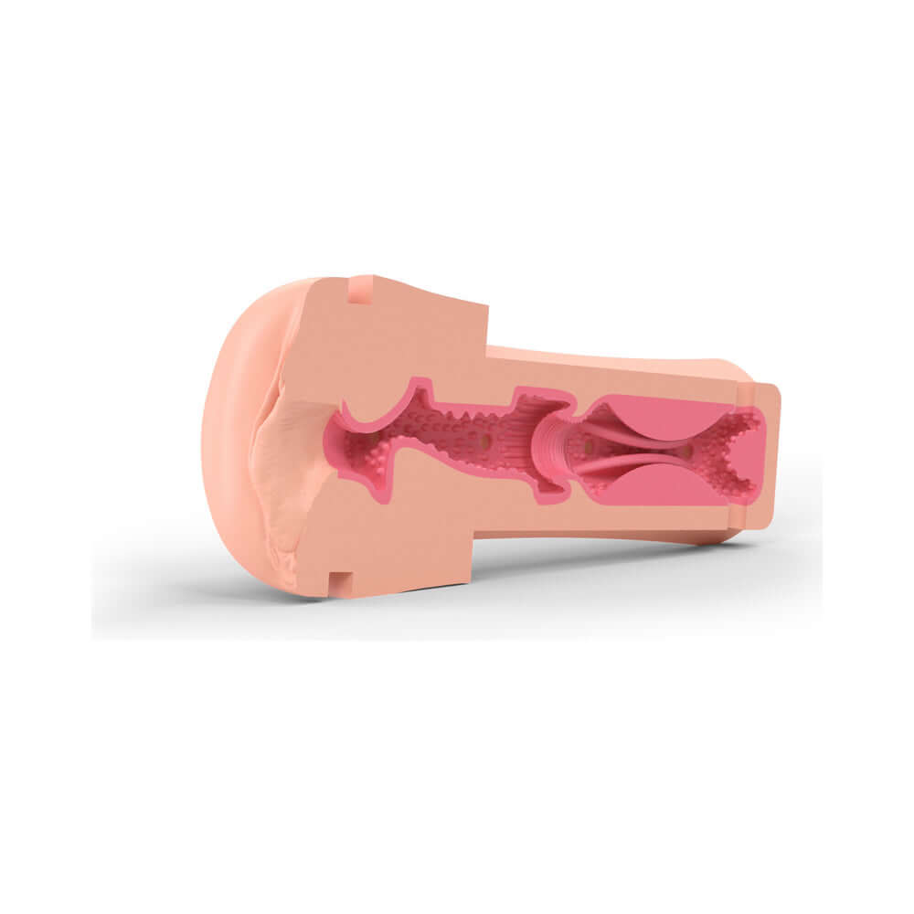 Mystim Opus E-Masturbator Vagina showing lifelike texture and design for realistic electrostimulation pleasure.