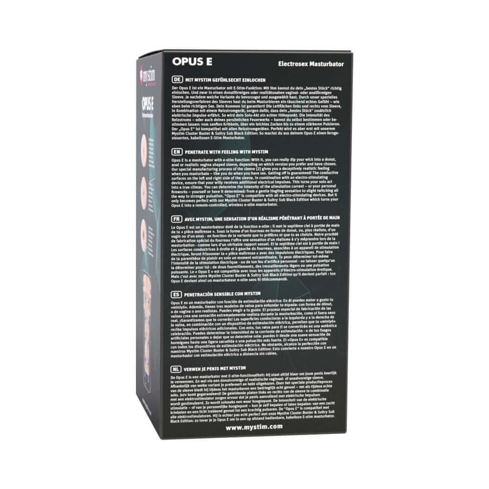 Mystim Opus E-Masturbator Vagina packaging with product details and features displayed on the back.