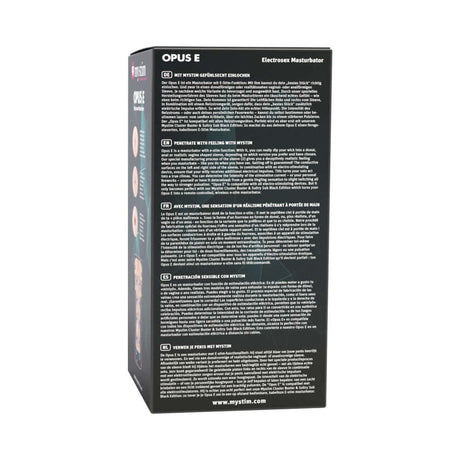 Mystim Opus E-Masturbator Vagina packaging with product details and features displayed on the back.
