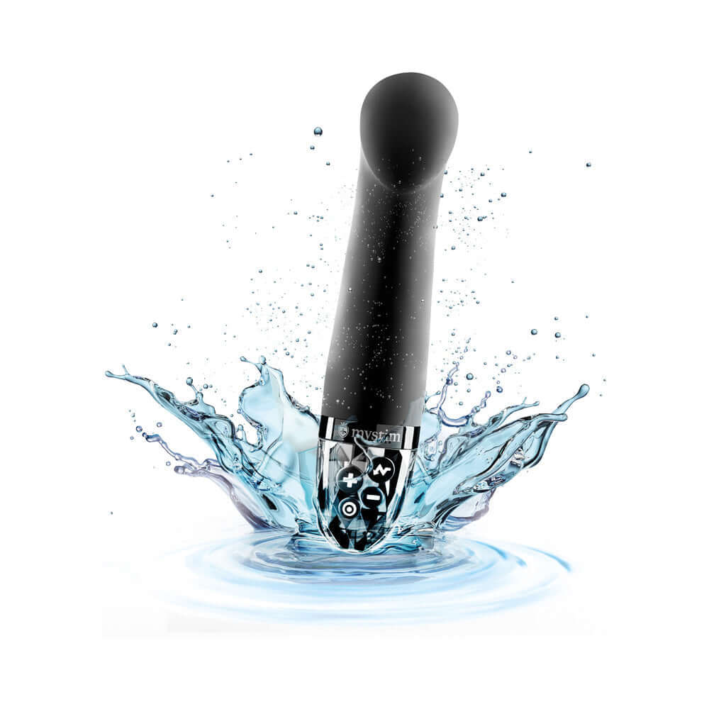 Mystim Right on Ron E-Stim Vibrator Black submerged in water, showcasing its sleek design and advanced features.