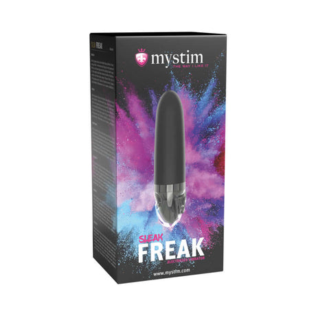 Mystim Sleak Freak E-Stim Vibrator Black packaging with modern design and vibrant colors.