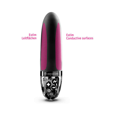 Mystim Sleak Freak E-Stim Vibrator Black with conductive surfaces for enhanced electrostimulation and pleasure.