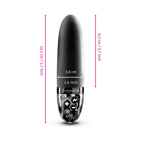 Mystim Sleak Freak E-Stim Vibrator Black with dimensions 14.5 cm by 3.6 cm for effective pleasure.