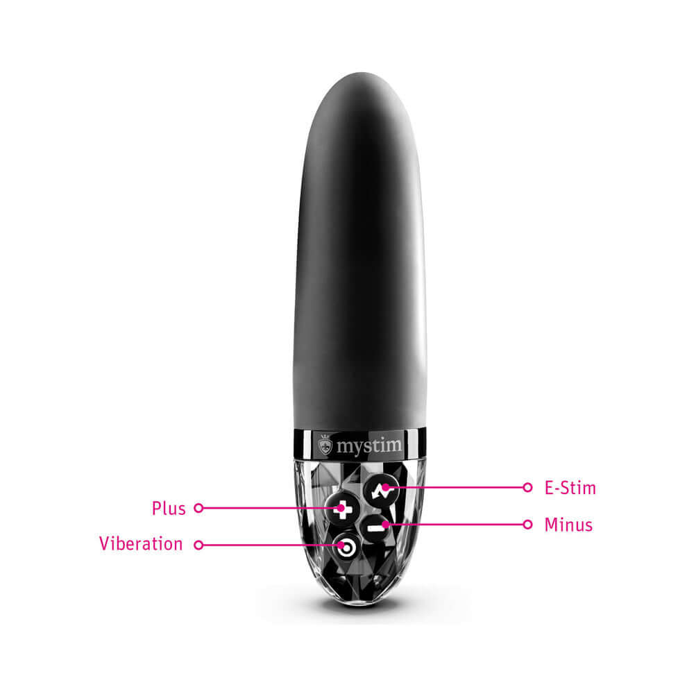 Mystim Sleak Freak E-Stim Vibrator Black showing controls for E-Stim, vibration, plus and minus.