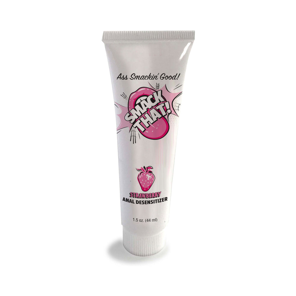 Smack That Anal Desensitizer Strawberry 1.5 Oz tube with pink label and strawberry illustration.