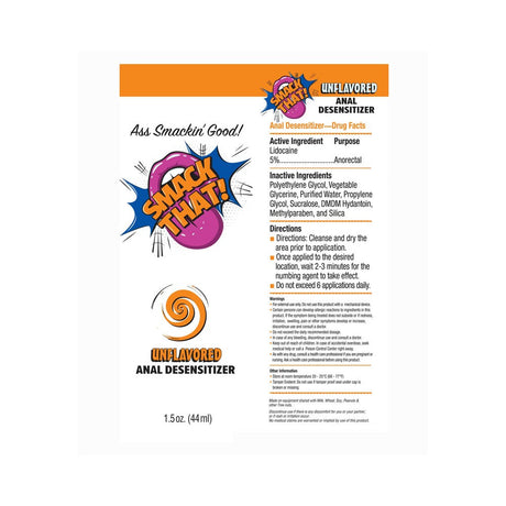 Smack That Anal Desensitizer Unflavored 1.5 Oz product label showcasing active ingredients and usage instructions.
