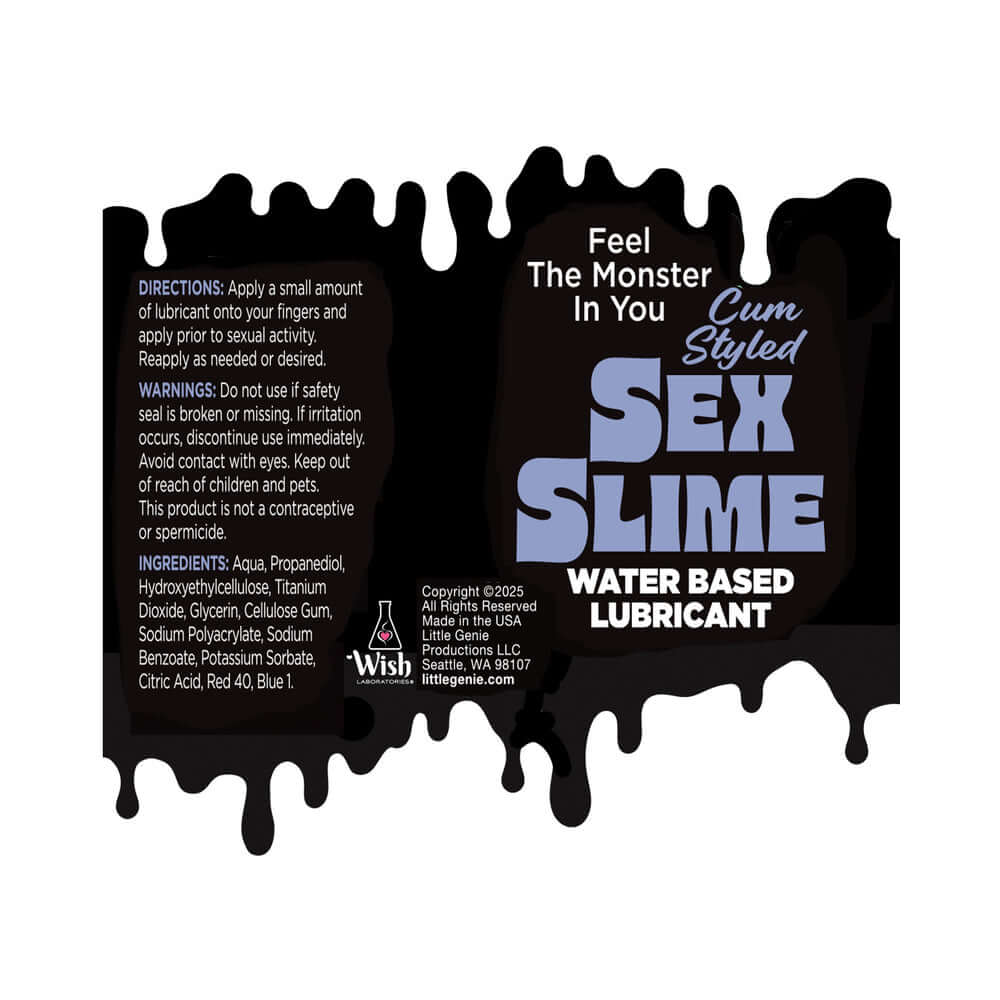 Label for Sex Slime Cum Styled Water Based Lubricant 4 Oz Purple with usage directions and ingredients.