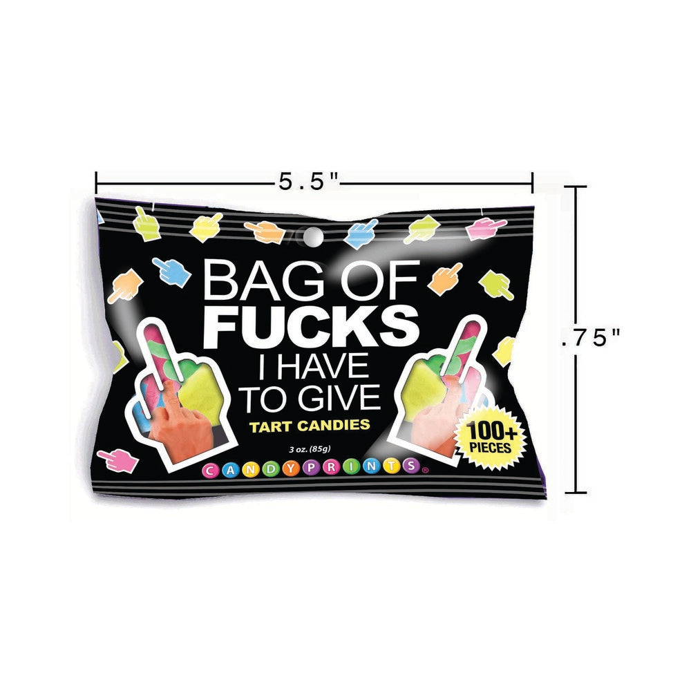 Bag Of Fucks I Have To Give 3 Oz Bag featuring colorful tart candies shaped like middle fingers.