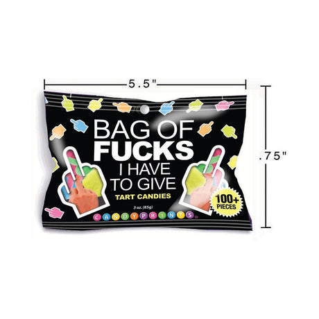 Bag Of Fucks I Have To Give 3 Oz Bag featuring colorful tart candies shaped like middle fingers.