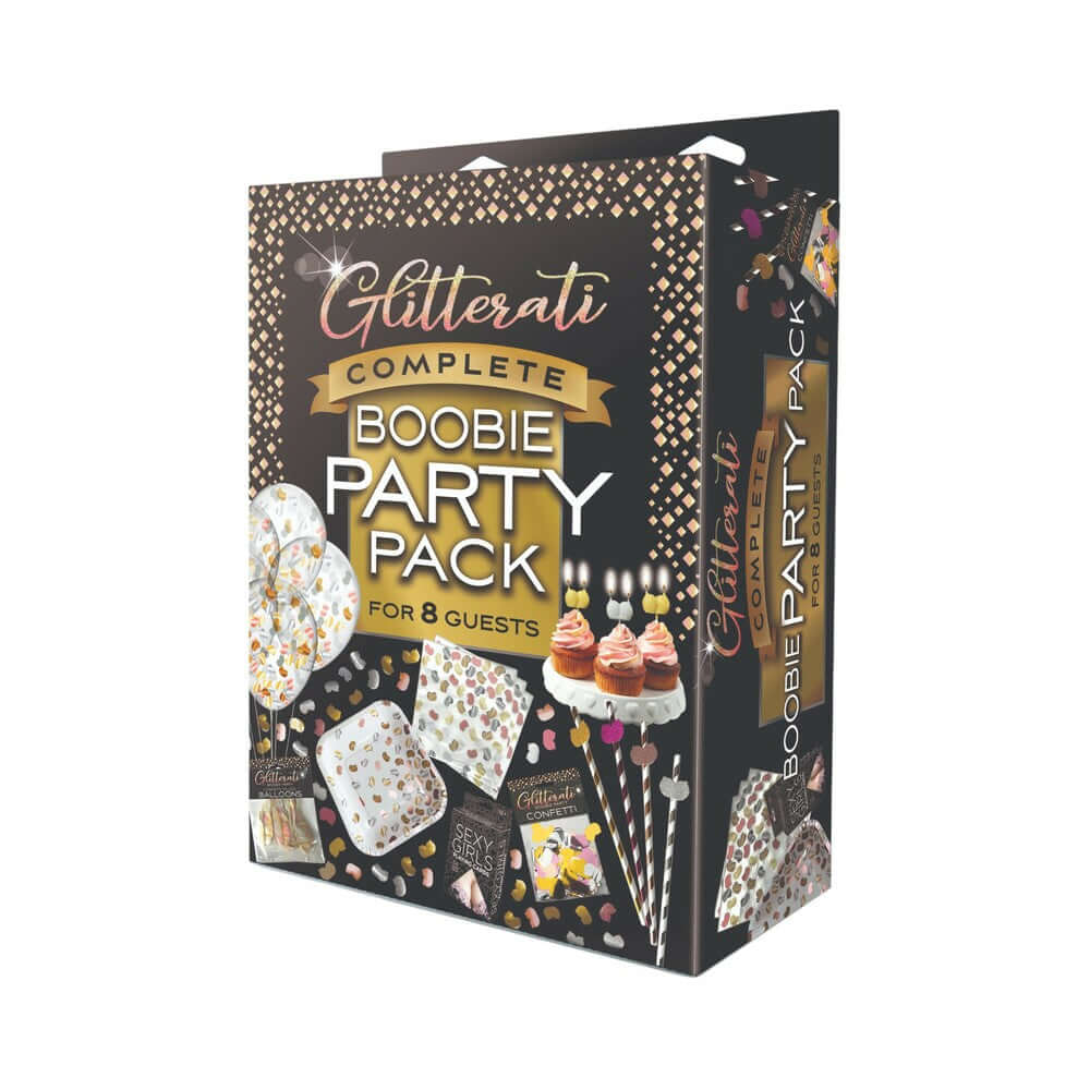 Glitterati Party Pack Boobie complete celebration kit for 8 guests featuring humorous and sparkly party supplies.