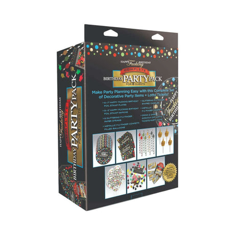 Happy Fucking Birthday Party Pack with colorful decorations and party items for a fun celebration.