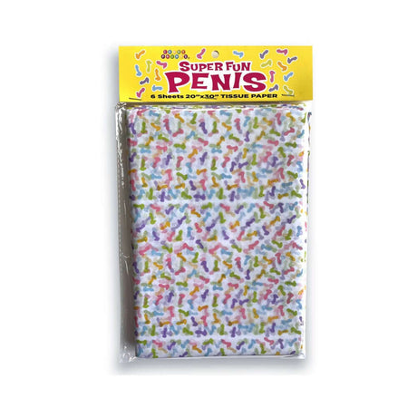 Super Fun Penis Tissue Paper package featuring colorful patterns, ideal for bachelorette parties and gag gifts.